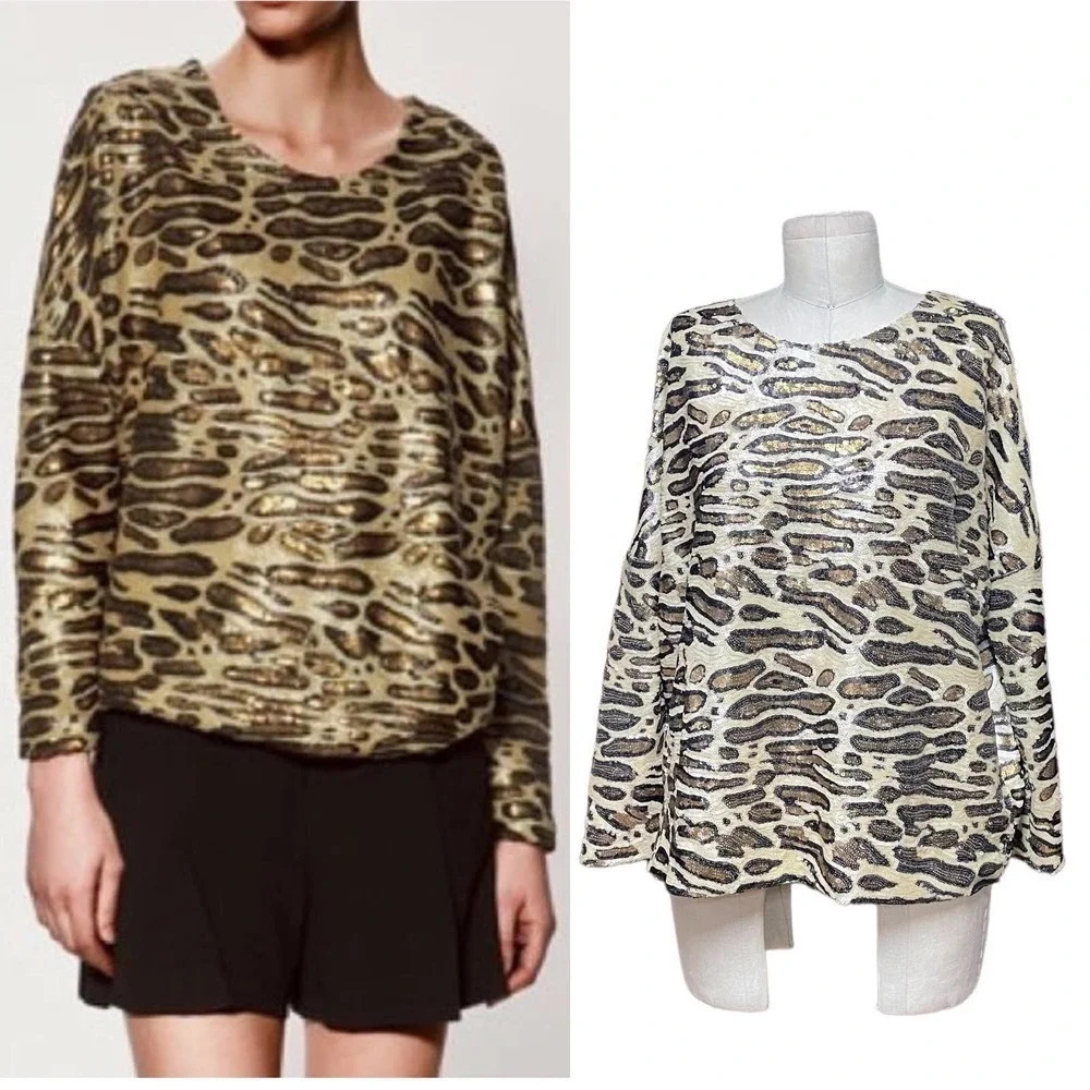 Zara Top Special Edition Leopard‎ Cheetah Print Sequin Blouse Shirt Size Medium